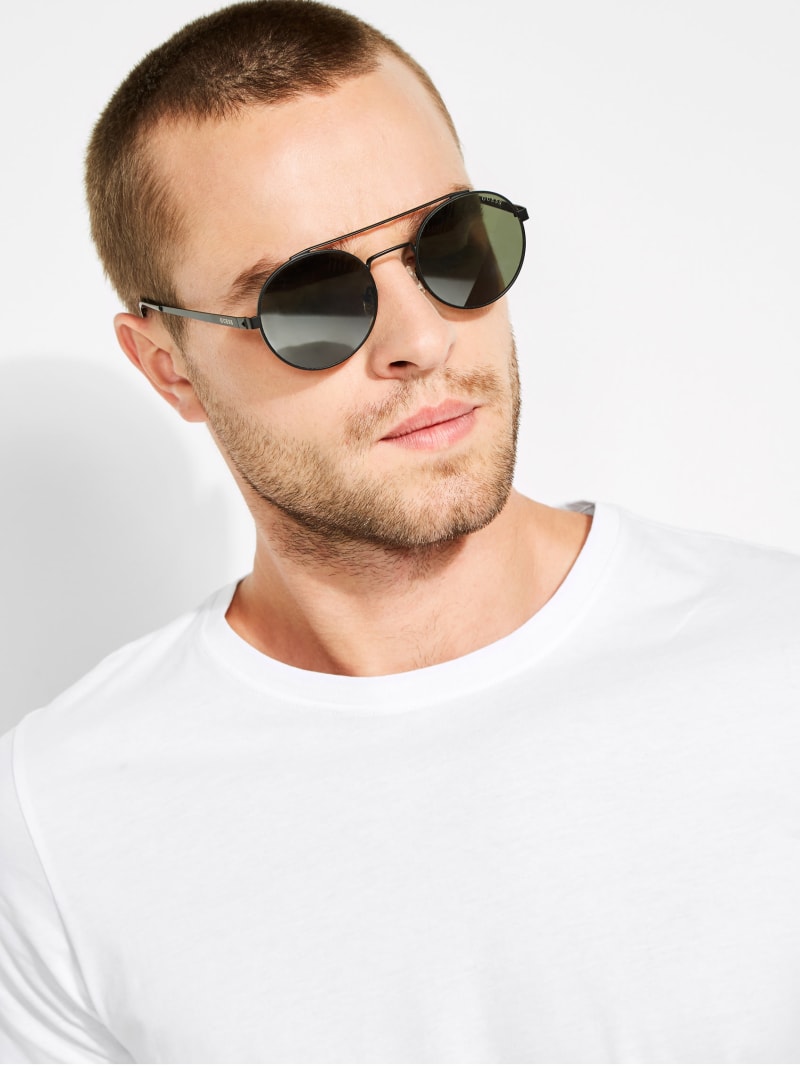 Black Men's Guess Jack Round Aviator Sunglasses | 9704831-ZO