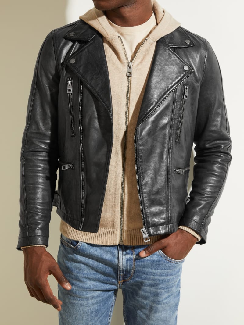 Black Men's Guess Leather Biker Jackets | 6729804-HC