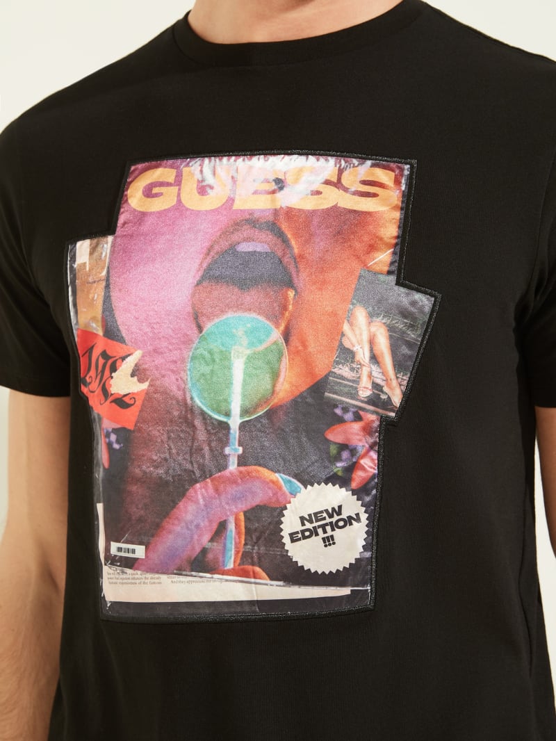 Black Men's Guess Magazine Tee T Shirts | 9130874-SD