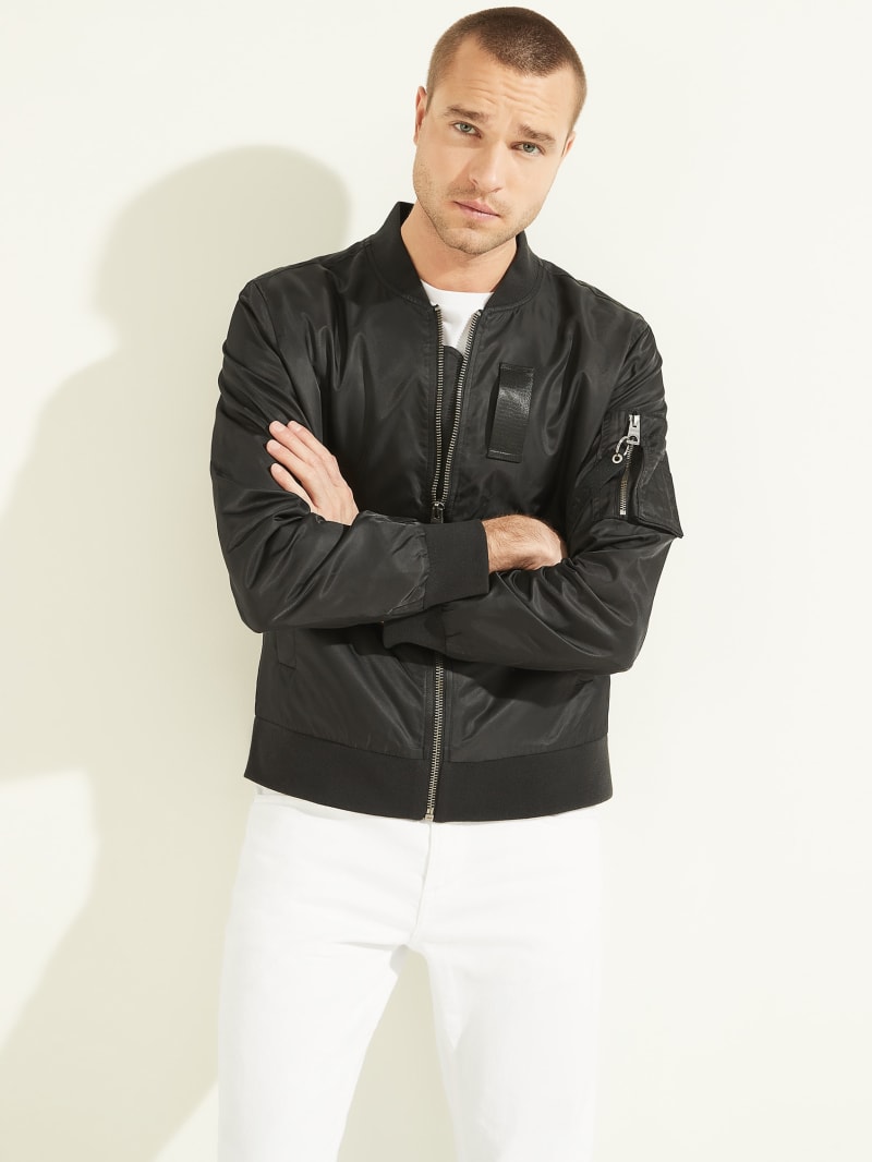 Black Men's Guess Nylon Flight Jackets | 8135906-FC