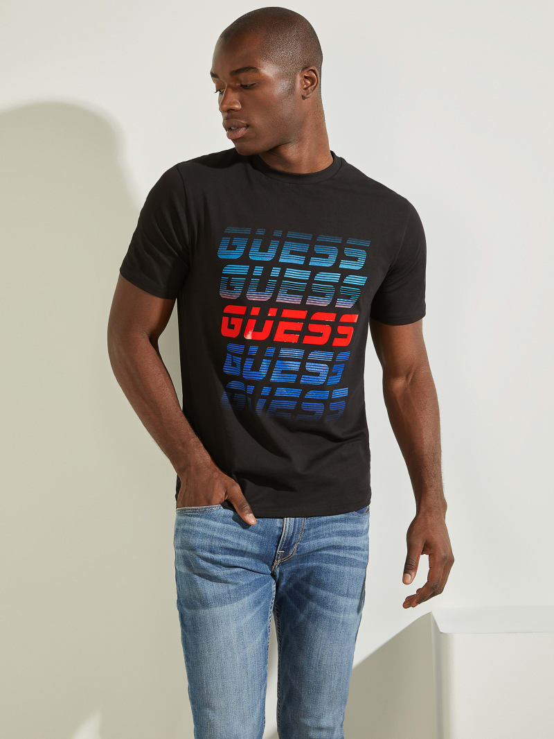 Black Men\'s Guess Repeat Logo Tee T Shirts | 9253674-DU