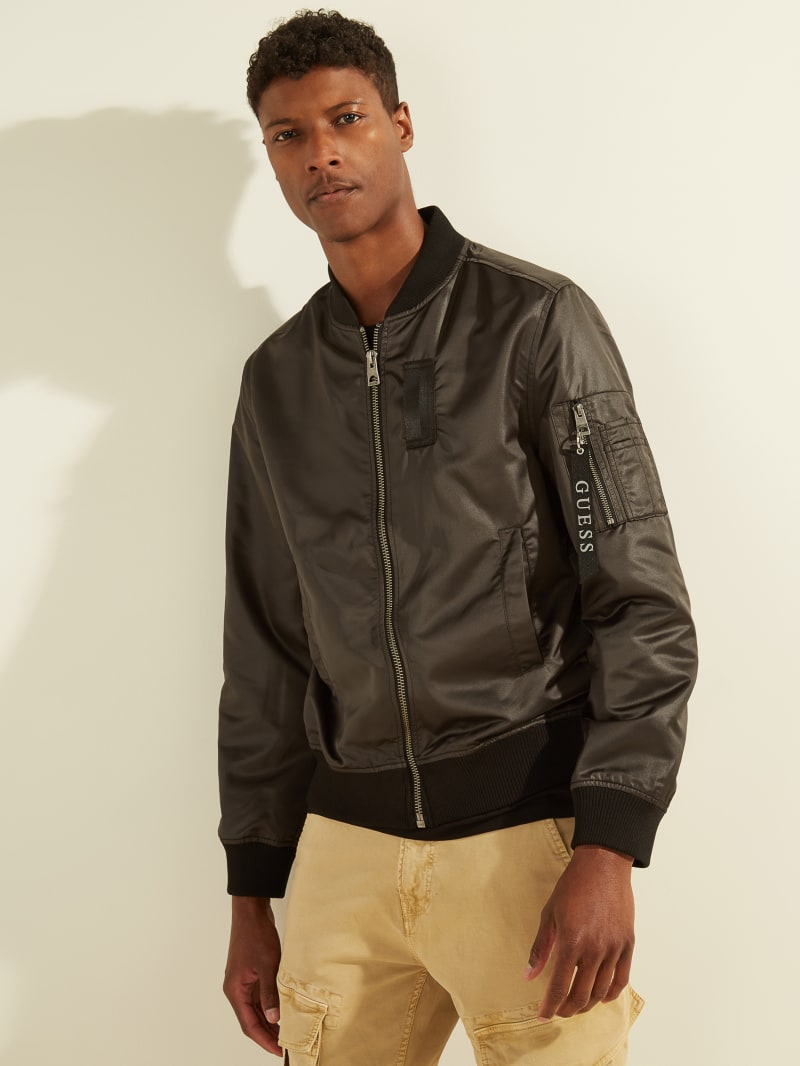 Black Men's Guess Satin Bomber Jackets | 0384791-GA