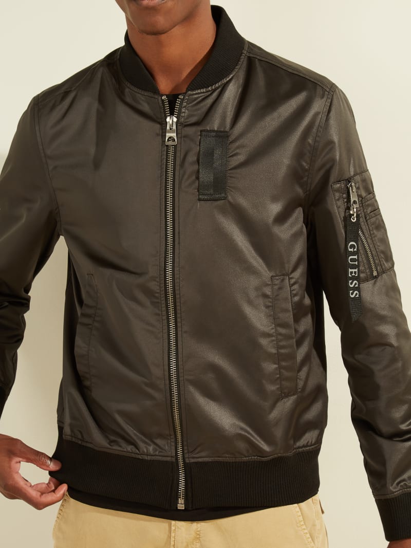 Black Men's Guess Satin Bomber Jackets | 0384791-GA