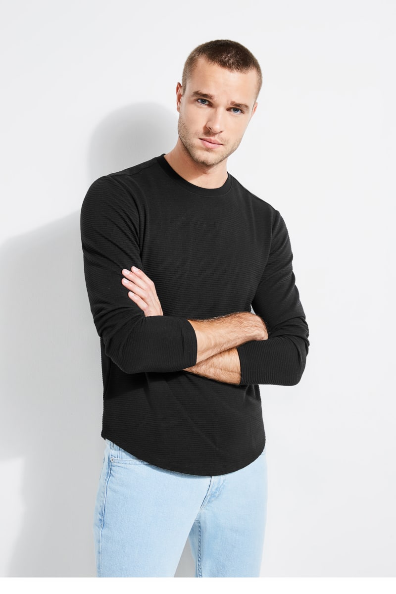 Black Men's Guess Textured Jersey Crewneck T Shirts | 7586210-OY