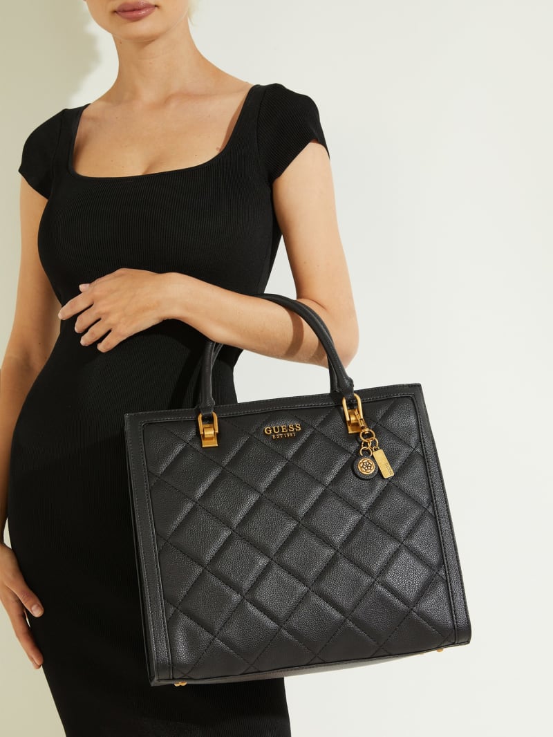 Black Women's Guess Abey Quilted Elite Tote Bags | 7936108-WY