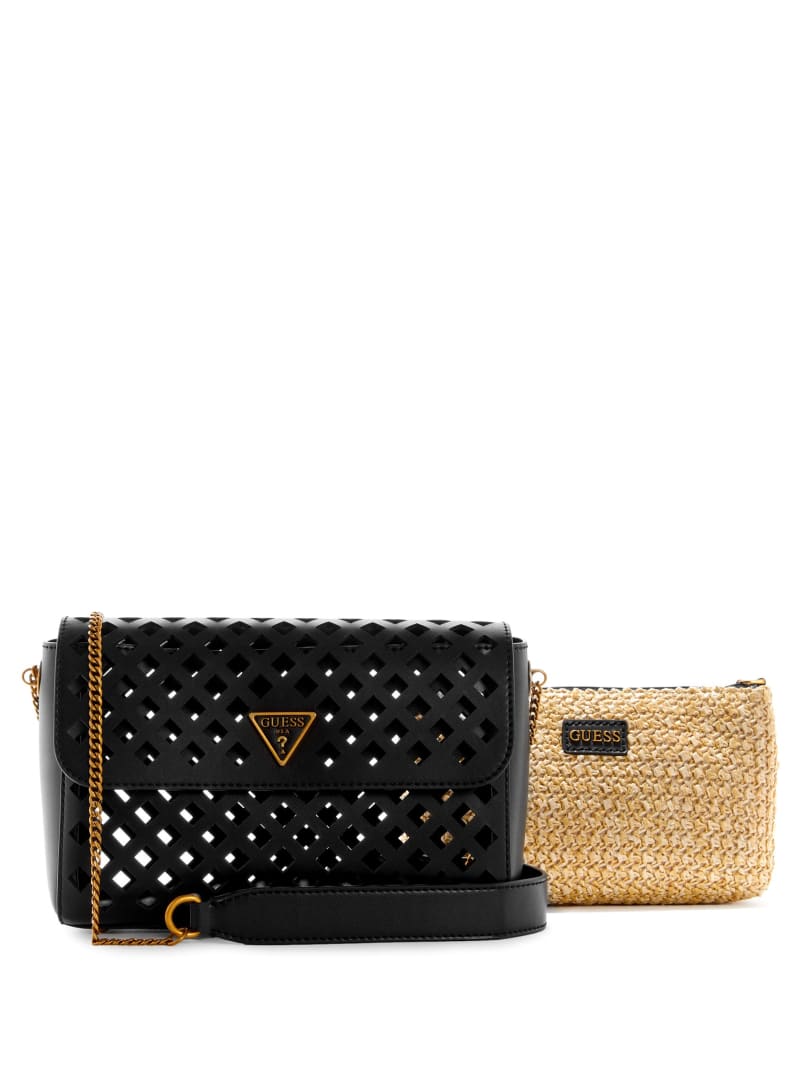 Black Women's Guess Aqua Perforated Flap Crossbody Bags | 7236415-HK