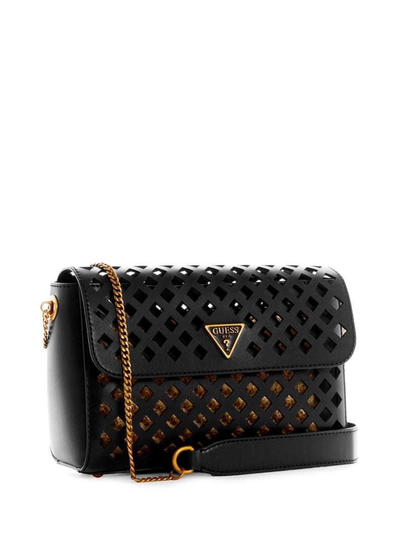 Black Women's Guess Aqua Perforated Flap Crossbody Bags | 7236415-HK