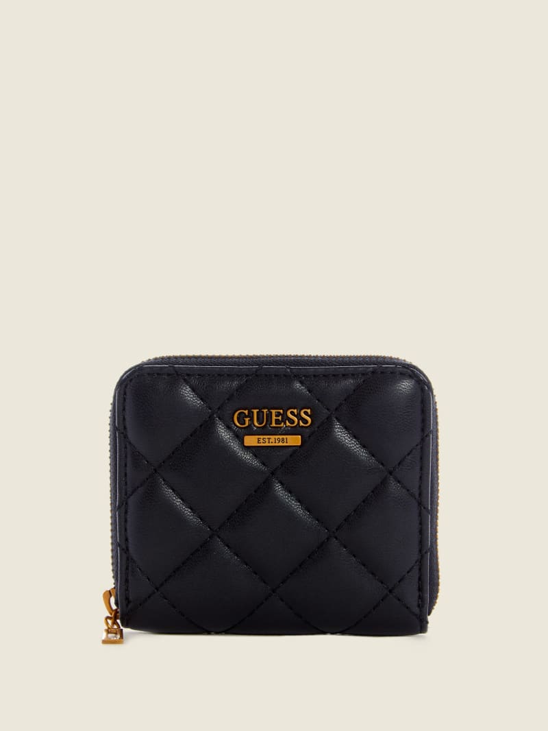 Black Women\'s Guess Cessily Quilted Small Zip-Around Wallets | 8451630-JS