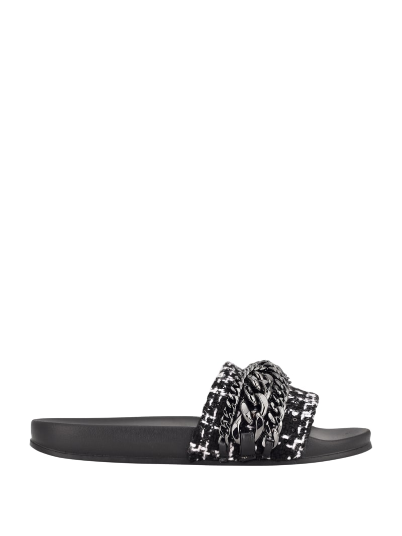 Black Women's Guess Salema Chain Tweed Pool Slides | 8741269-VE