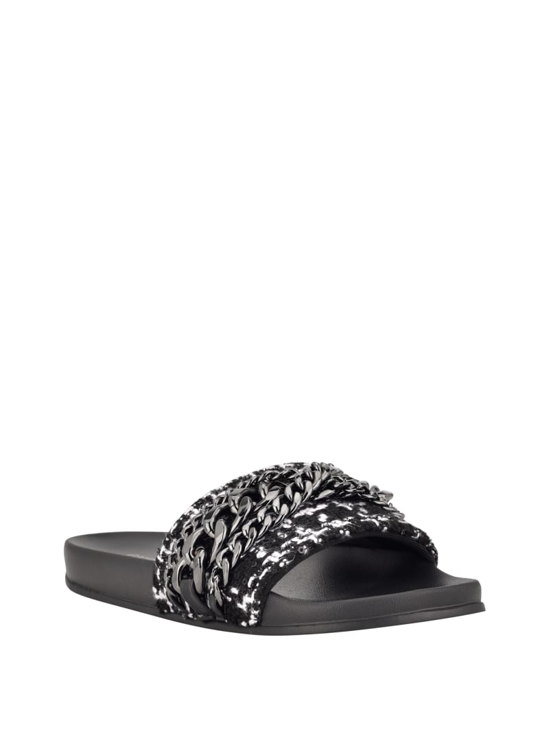 Black Women\'s Guess Salema Chain Tweed Pool Slides | 8741269-VE