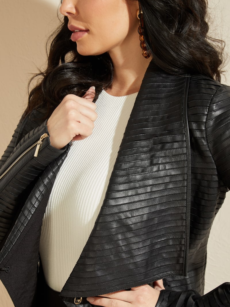 Black Women's Guess Shayna Drape Leather Jackets | 5038476-CA