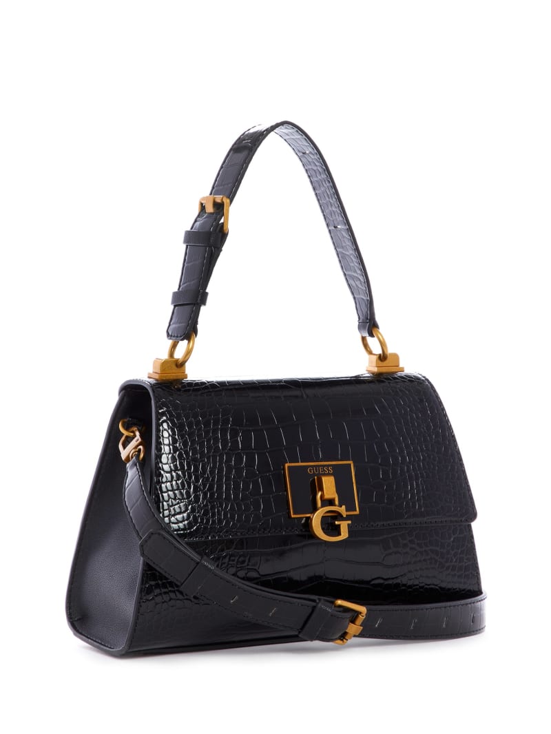 Black Women's Guess Stephi-Handle Flap Satchel Bags | 2134068-YR