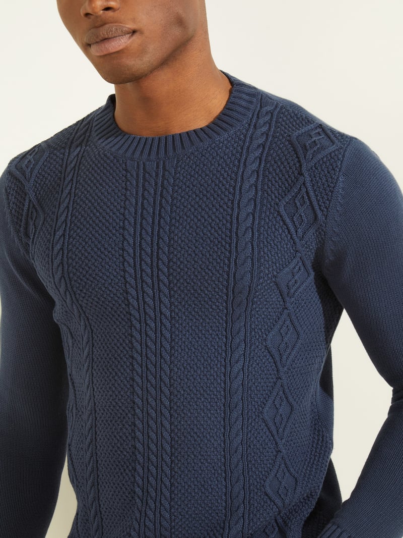 Blue Men's Guess Cable-Knit Crewneck Sweaters | 1937520-JT