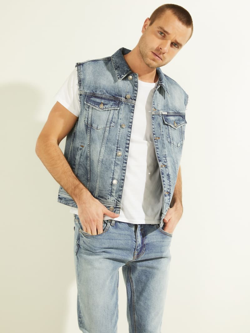 Blue Men's Guess Eco Dillon Denim Vest Jackets | 9452687-AD