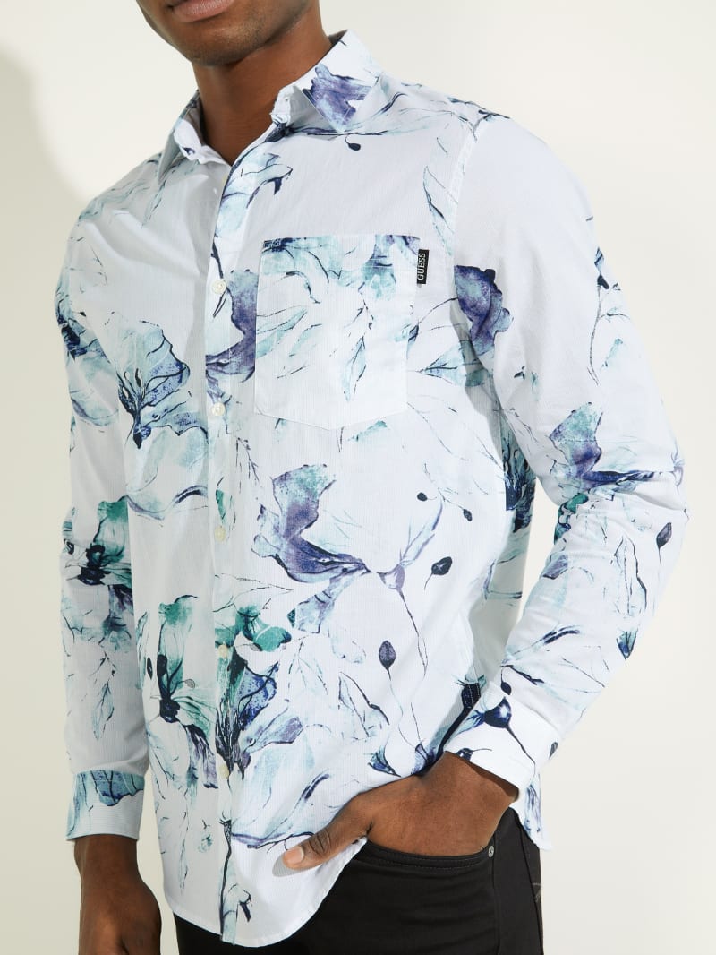 Blue Men's Guess Eco Floral Collins Shirts | 0312476-FC