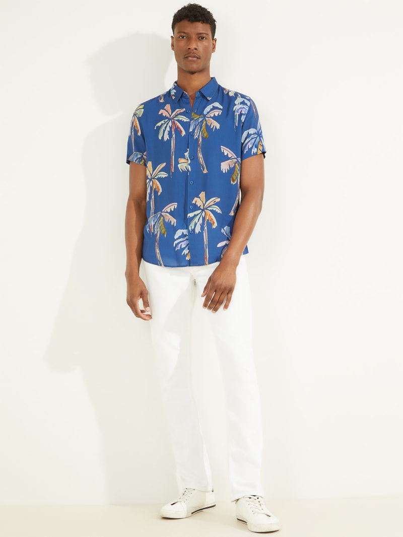 Blue Men's Guess Eco Watercolor Palm Shirts | 0841279-NR