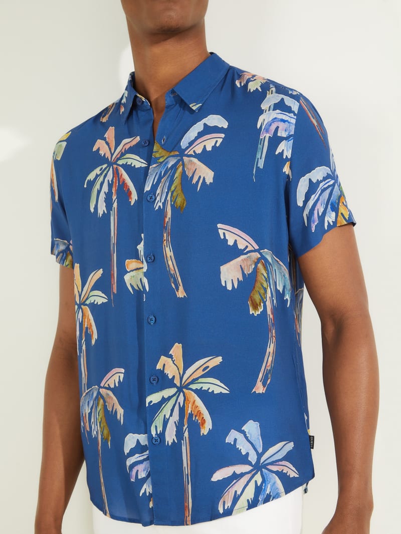 Blue Men's Guess Eco Watercolor Palm Shirts | 0841279-NR