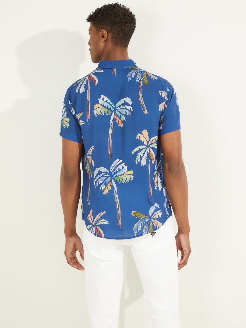 Blue Men's Guess Eco Watercolor Palm Shirts | 0841279-NR