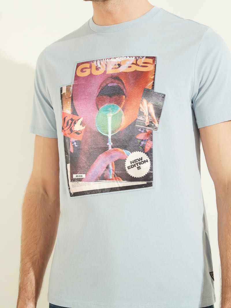 Blue Men's Guess Magazine Tee T Shirts | 2139807-WX