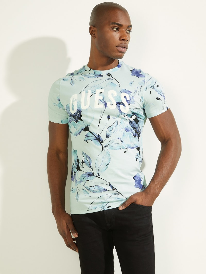 Blue Men\'s Guess Natt Floral Tee T Shirts | 0792631-HB