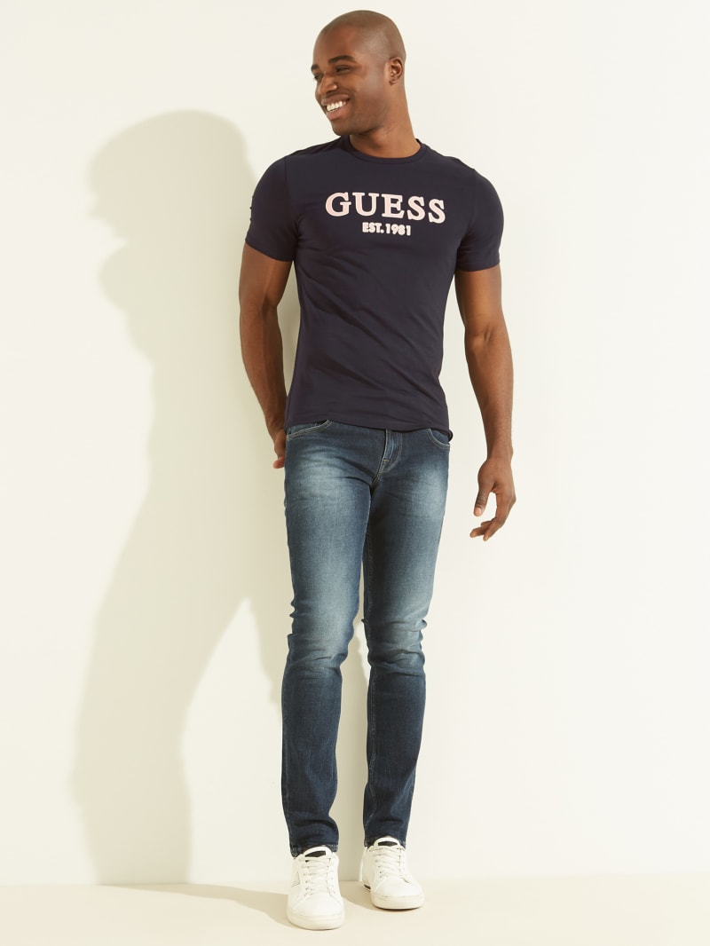 Blue Men's Guess Point Logo Tee T Shirts | 9721450-MA