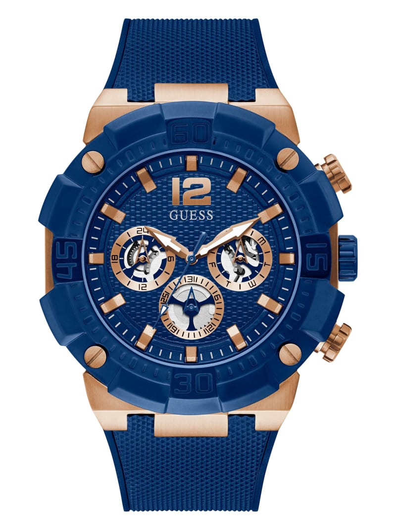 Blue Men\'s Guess Rose Gold-Tone and Blue Multifunction Watches | 7503946-XA