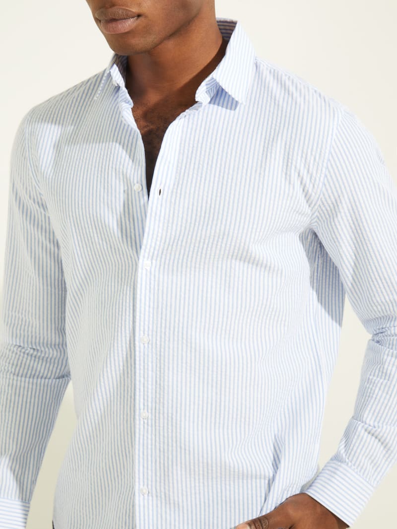 Blue Men's Guess Seersucker Italian Notched Cuff Shirts | 7801263-ZS