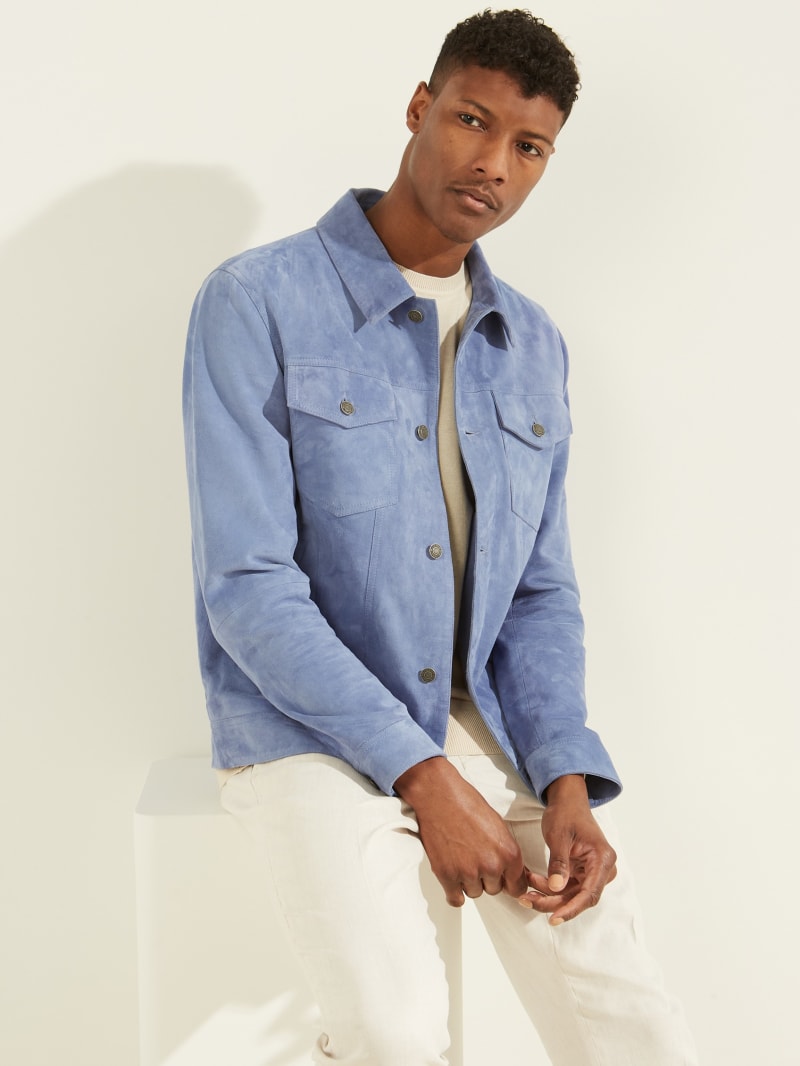 Blue Men's Guess Suede Leather Trucker Jackets | 0643792-EN