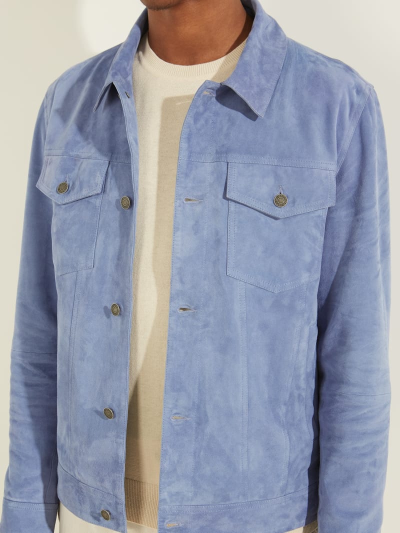 Blue Men's Guess Suede Leather Trucker Jackets | 0643792-EN