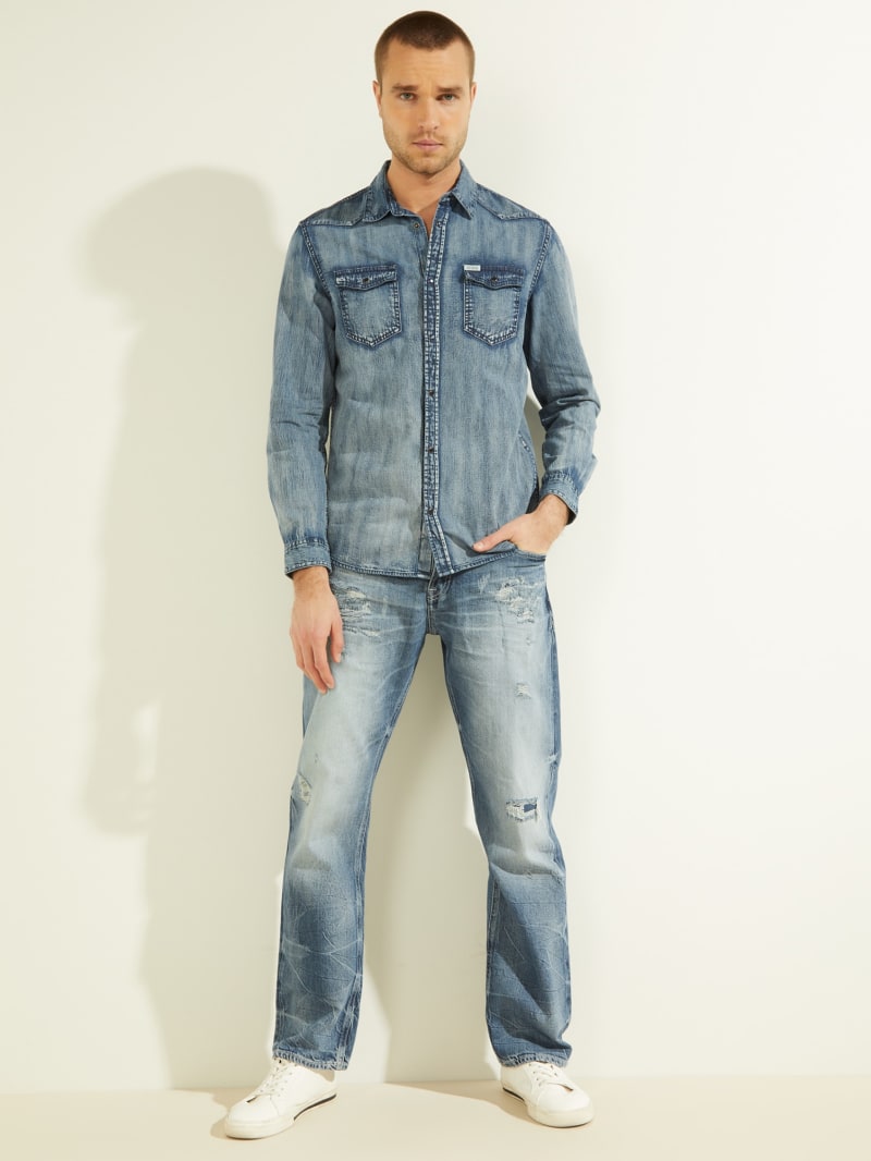 Blue Men's Guess Truckee Denim Shirts | 1780924-UZ