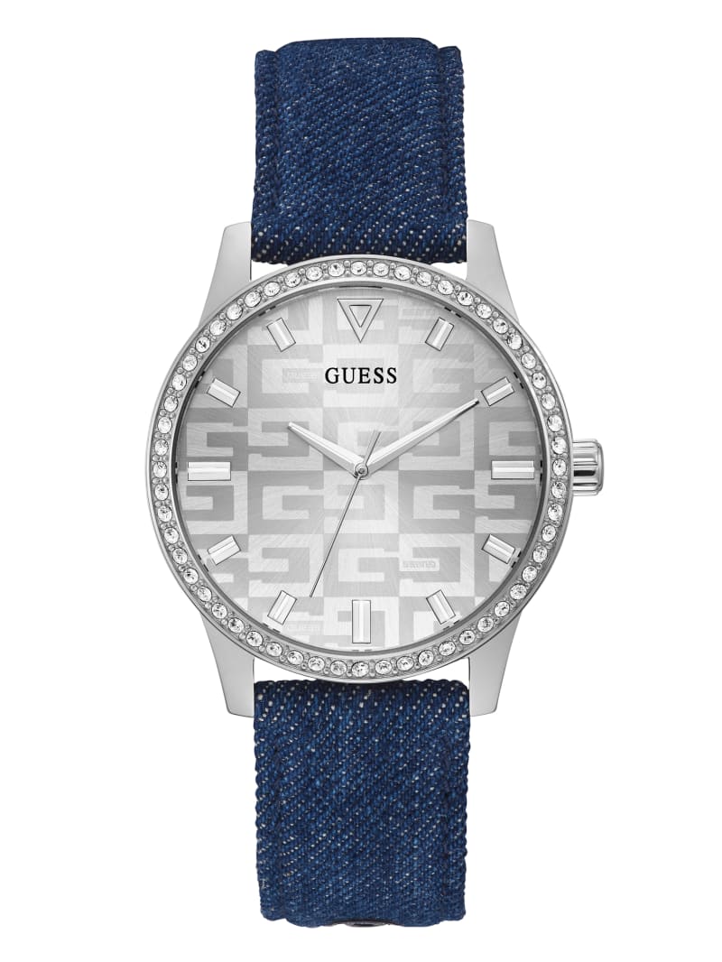 Blue Women\'s Guess Silver-Tone and Denim Logo Analog Watches | 3256809-DW