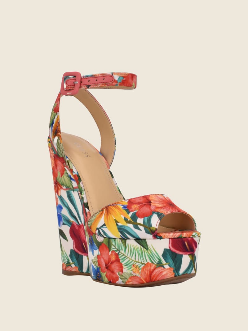 Blue Women\'s Guess Taraji Floral Ankle Strap Wedges | 2671083-EJ