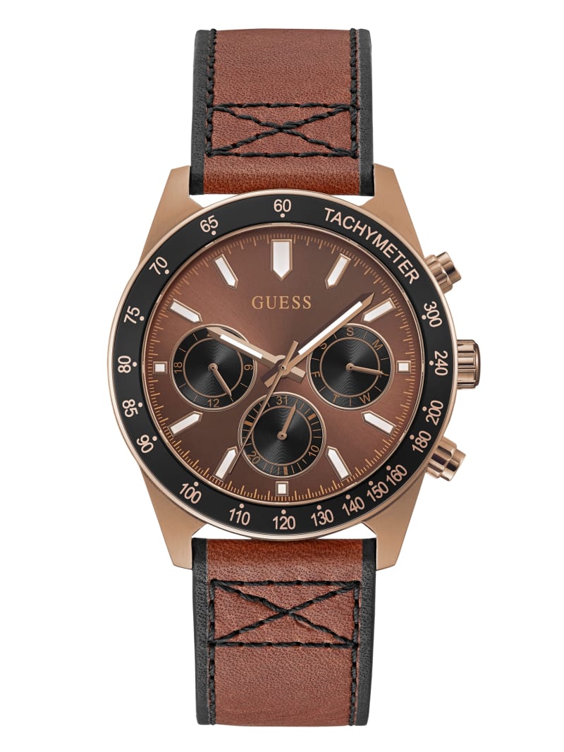 Brown Men\'s Guess Coffee-Tone and Brown Leather Multifunction Watches | 0156837-AM