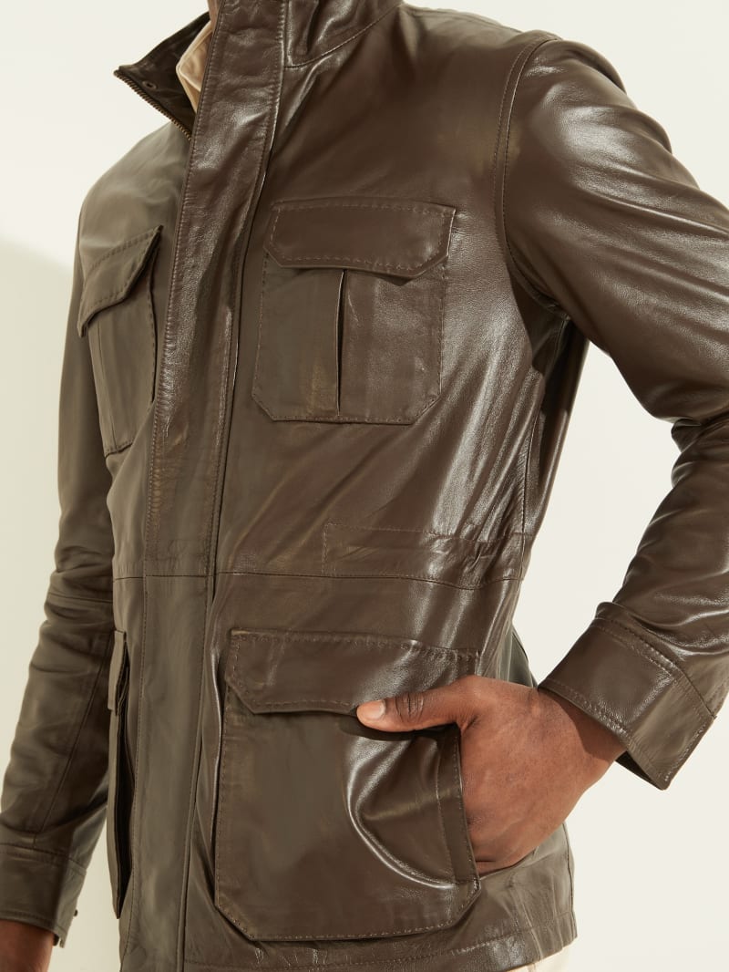 Brown Men's Guess Leather Field Jackets | 9348051-MZ