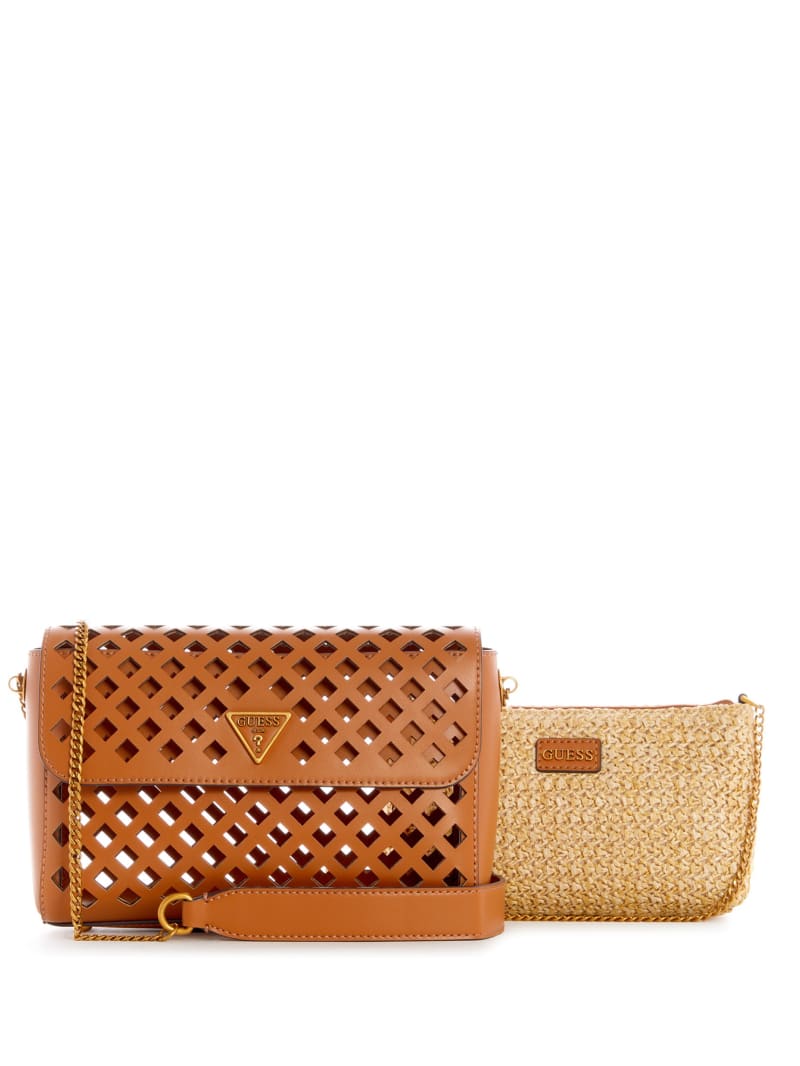 Brown Women's Guess Aqua Perforated Flap Crossbody Bags | 6813527-IM