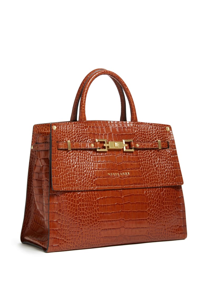 Brown Women's Guess Cristina Croc Leather Satchel Bags | 0642189-MQ