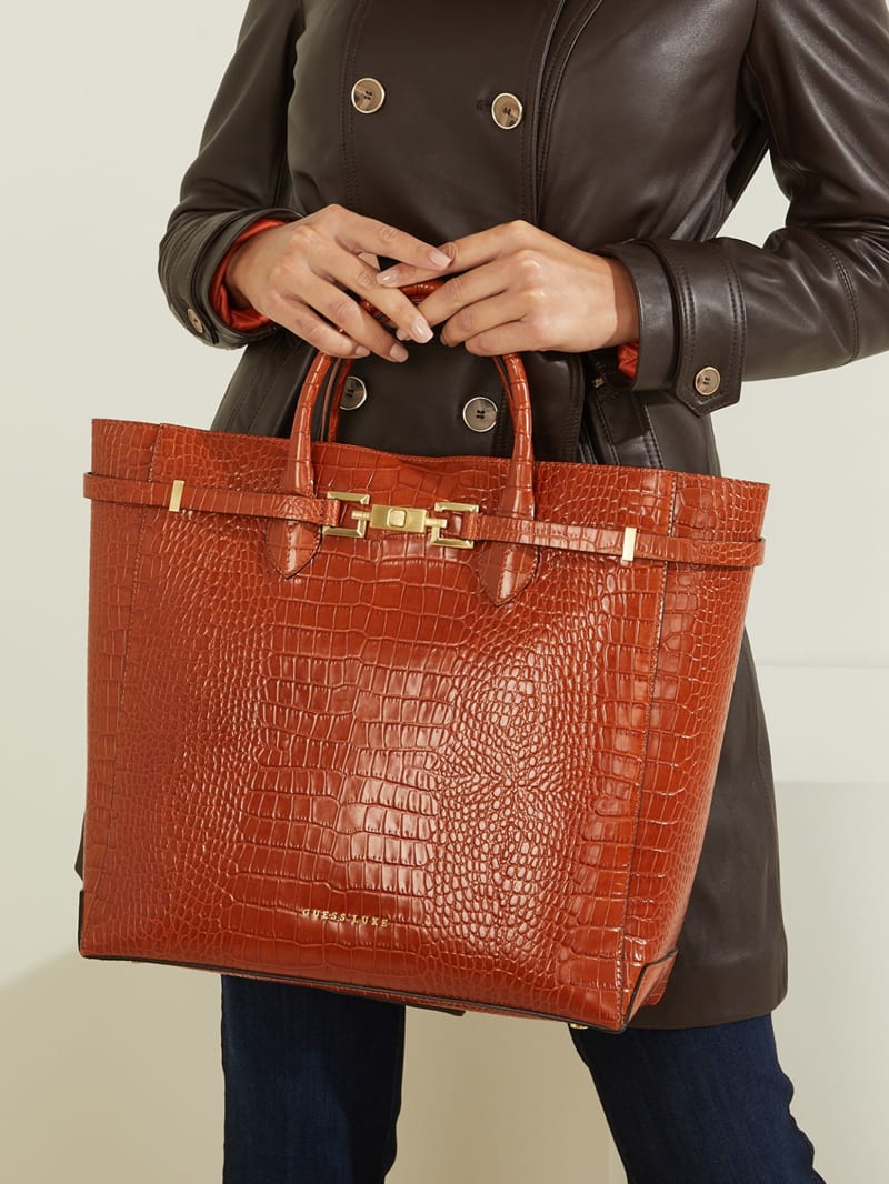 Brown Women's Guess Cristina Croc Leather Tote Bags | 8527149-WQ