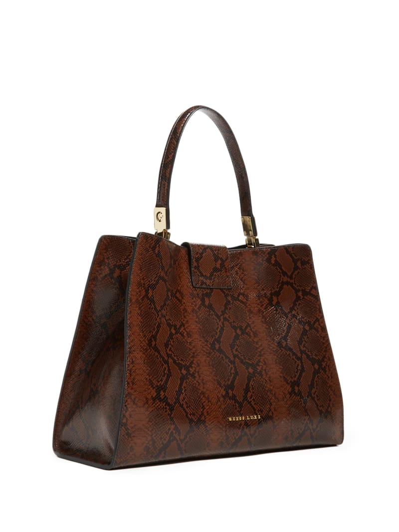 Brown Women's Guess Monia Python Print Leather Satchel Bags | 5286074-LU