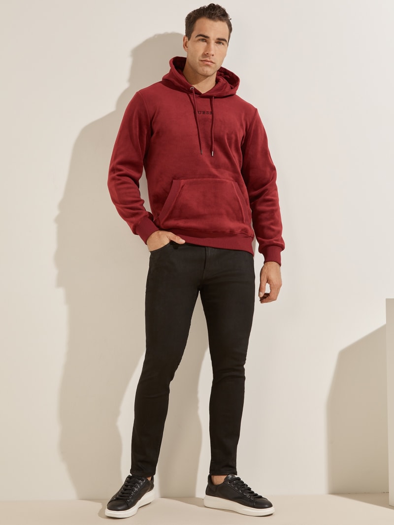 Burgundy Men's Guess Bonded Velvet Hoodie | 8632901-YK