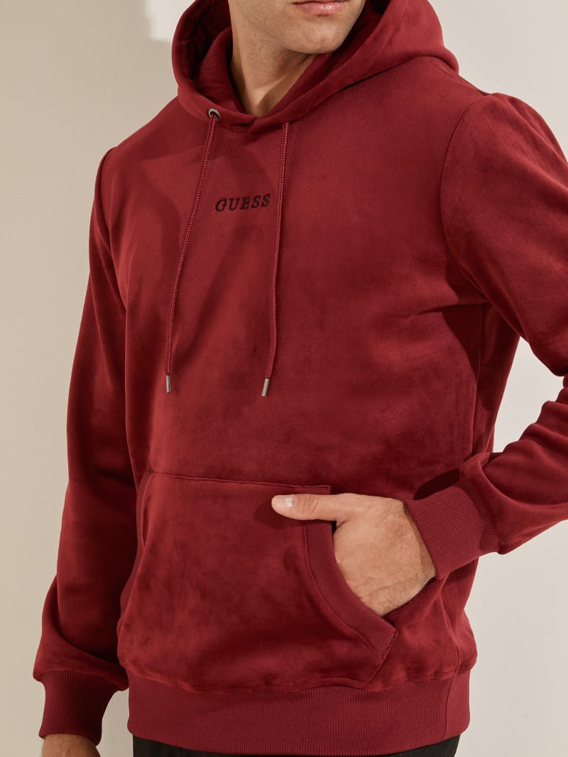 Burgundy Men's Guess Bonded Velvet Hoodie | 8632901-YK