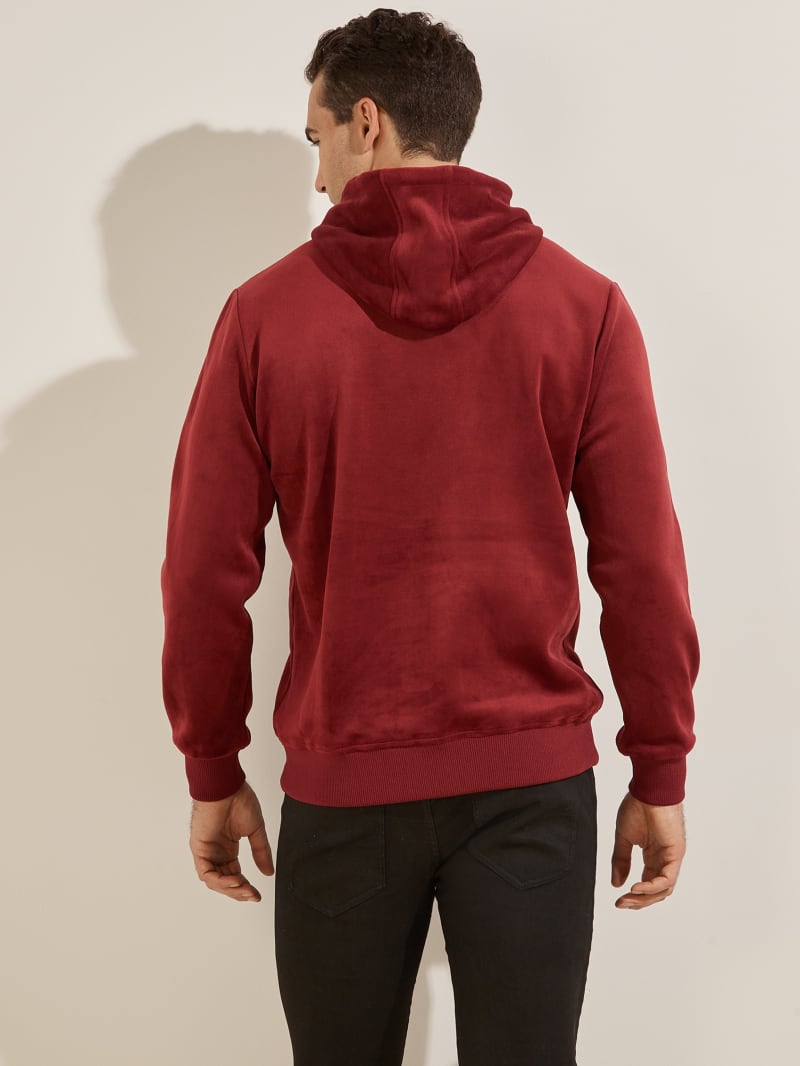 Burgundy Men's Guess Bonded Velvet Hoodie | 8632901-YK