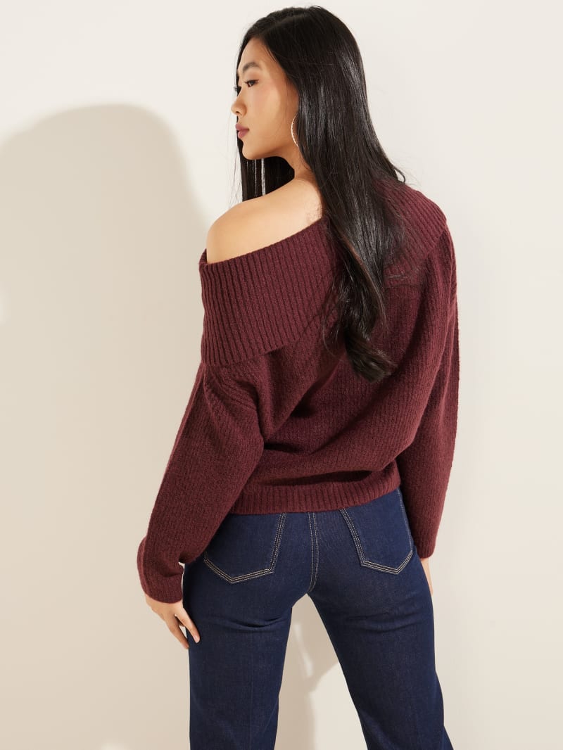 Burgundy Women's Guess Eco Gerri Off-the-Shoulder Sweaters | 5139084-RT