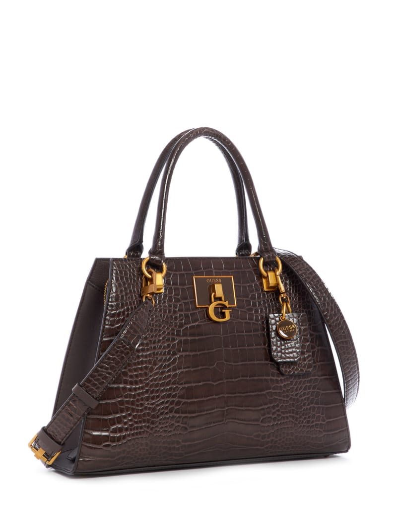 Chocolate Women's Guess Stephi Croc Girlfriend Satchel Bags | 9435182-ZF