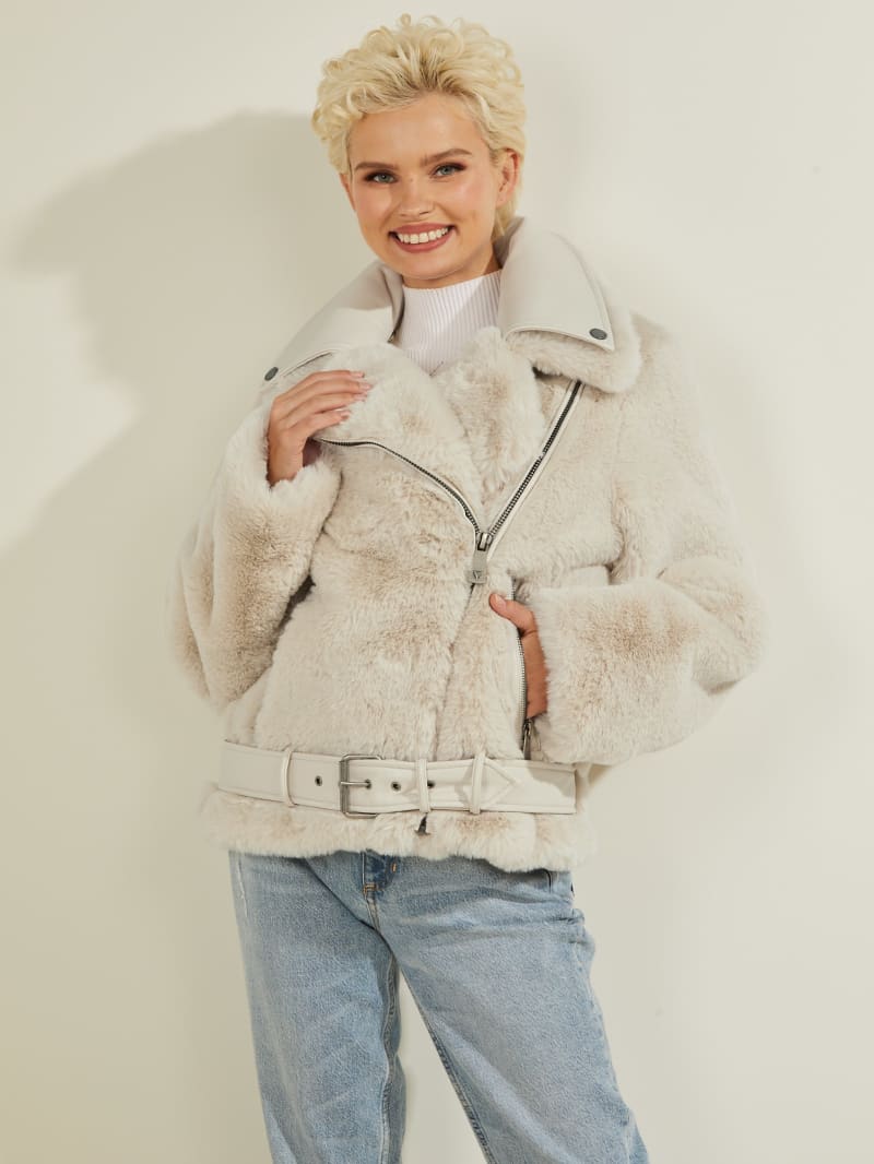 Cream White Women's Guess Frida Faux-Fur Biker Coats | 4058691-SJ