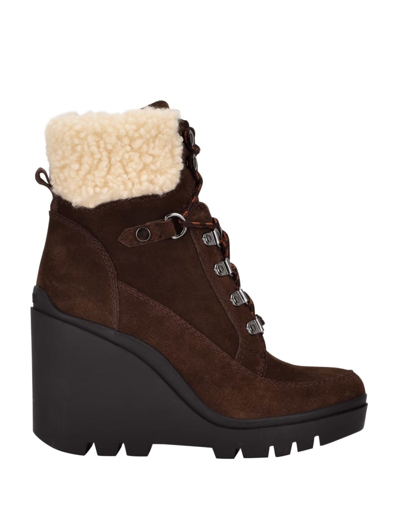 Dark Brown Women's Guess Taanya Sherpa-Trim Wedge Boots | 6157498-OT