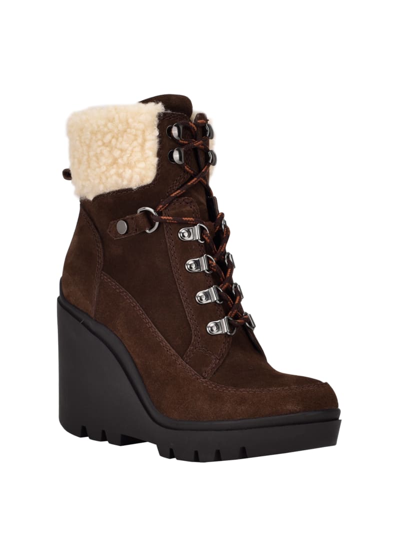 Dark Brown Women\'s Guess Taanya Sherpa-Trim Wedge Boots | 6157498-OT