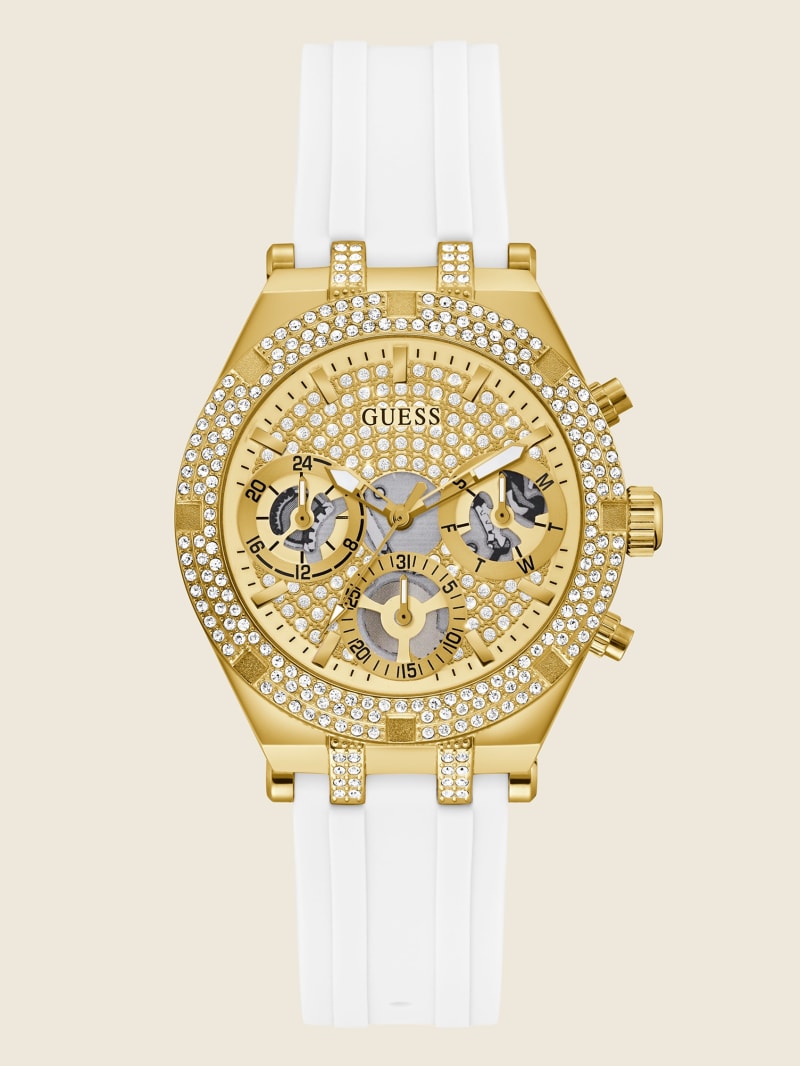 Gold Women\'s Guess Gold-Tone and White Silicone Multifunction Watches | 3968105-RV