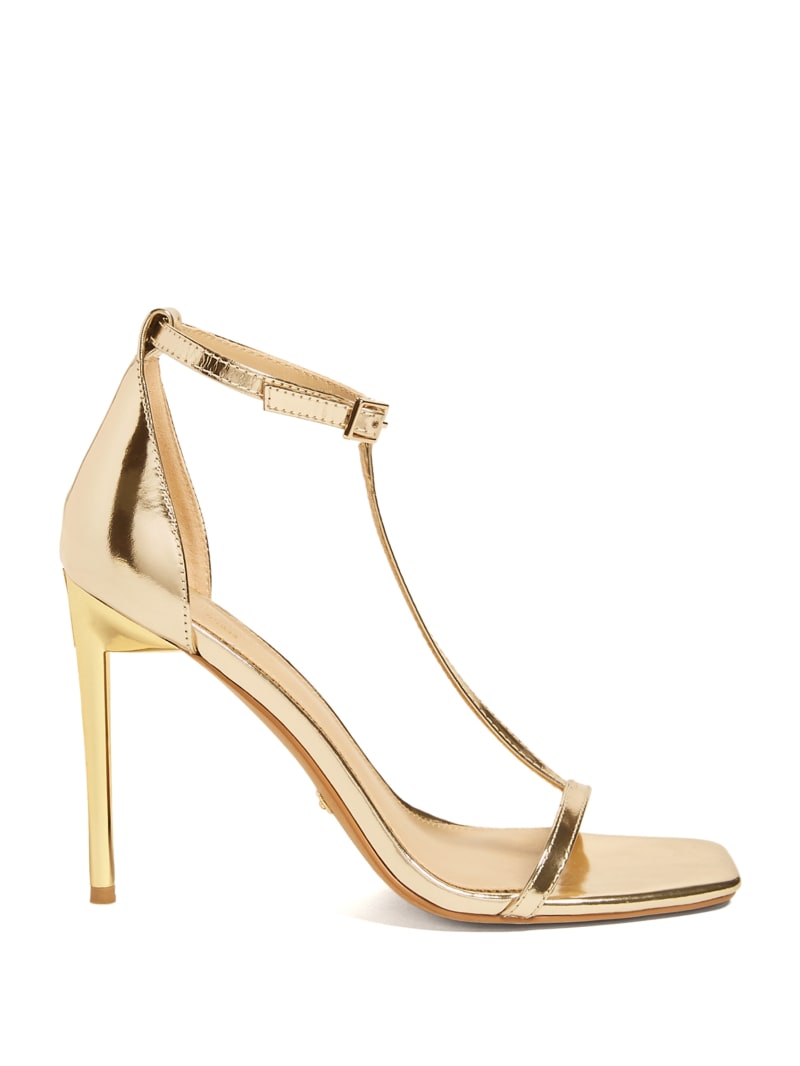 Gold Women's Guess Heeled T-Strap Sandals | 5806792-PD