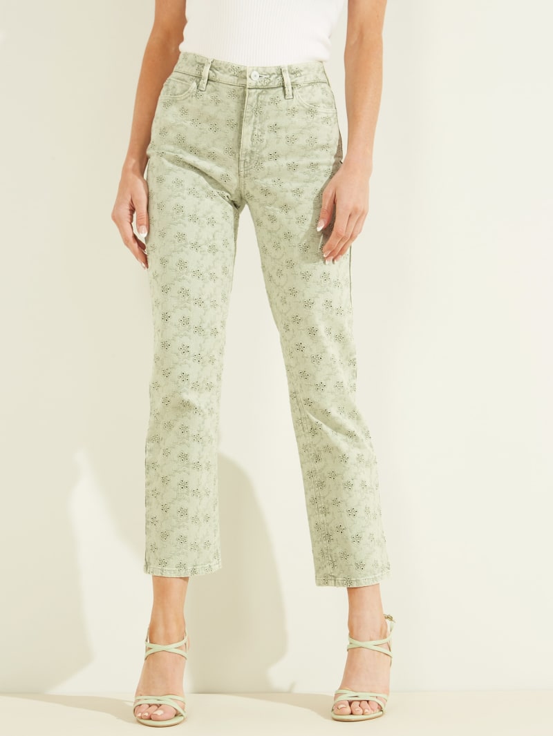 Green Women\'s Guess 1981 Eyelet Straight Pants | 9732156-LQ