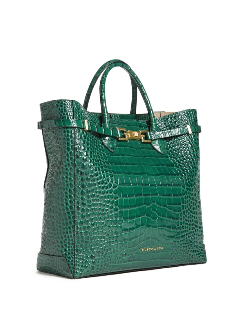 Green Women's Guess Cristina Croc Leather Tote Bags | 0287431-ZP